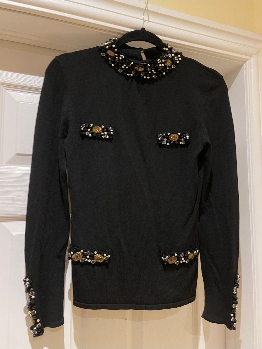 Leo Guy Black Fitted Mock-Turtleneck Sweater Embellished Vintage French Glam S